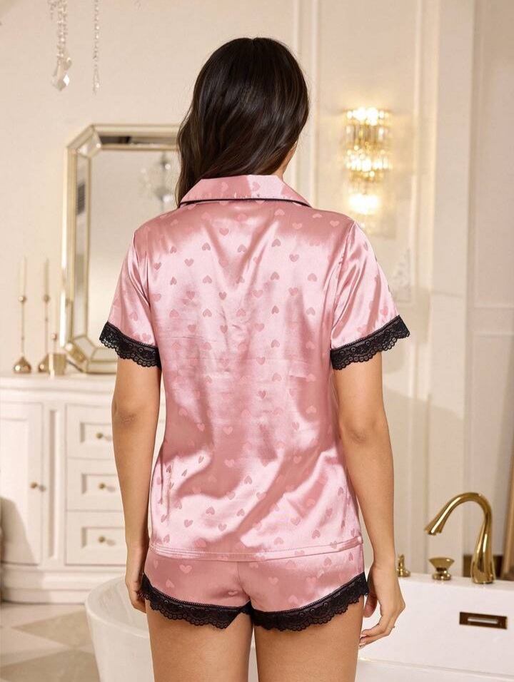 LuxeNights Heart Pattern Faux Silk Lace Trim Lapel Short Sleeves Set For Women